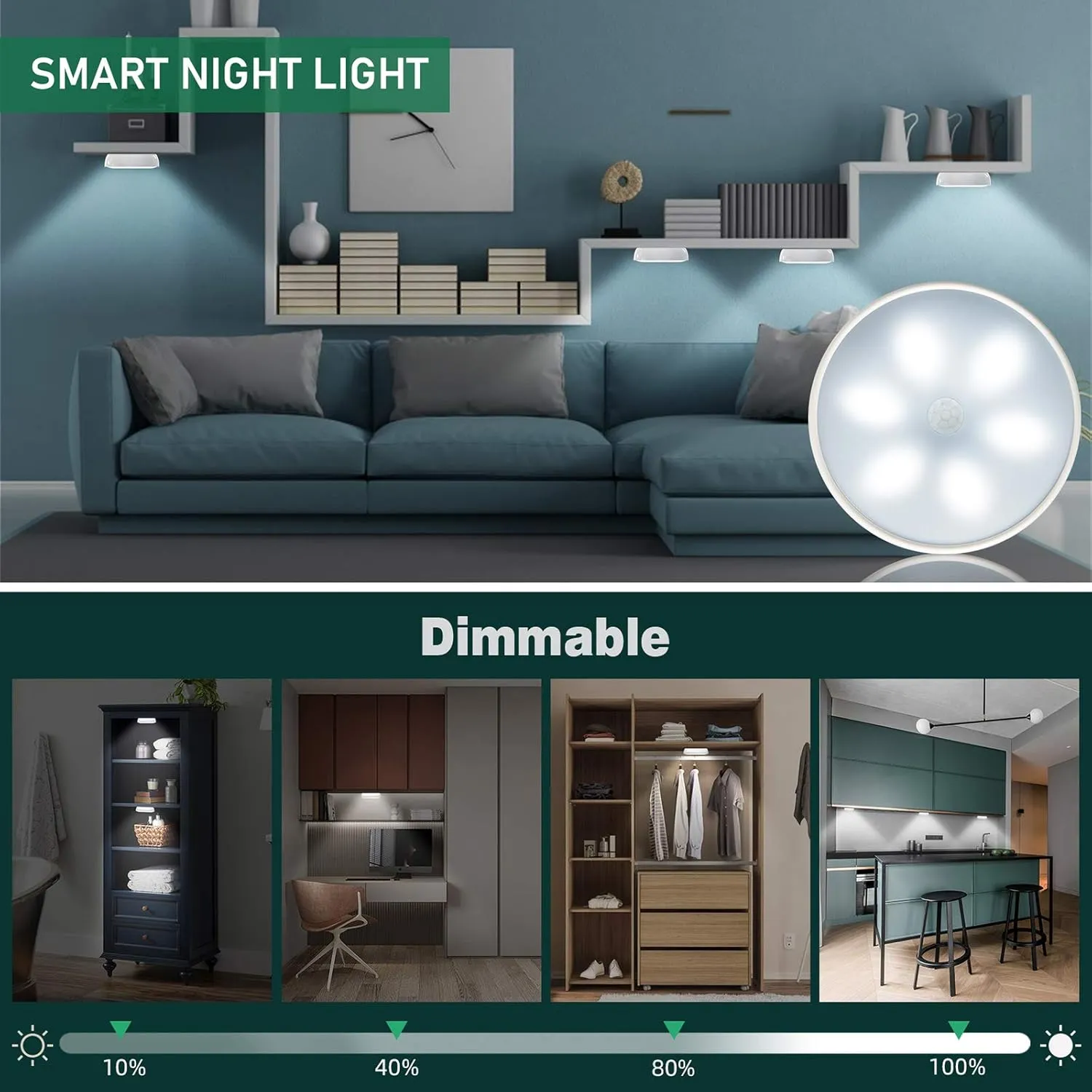 LED Closet Lights Wireless Motion Sensor Puck Light with Remote Control,USB Rechargeable Puck Lights, Dimmable Under Cabinet Indoor Lighting Magnet Stick-on Light for Counter Kitchen Wardrobe (6 Pack)