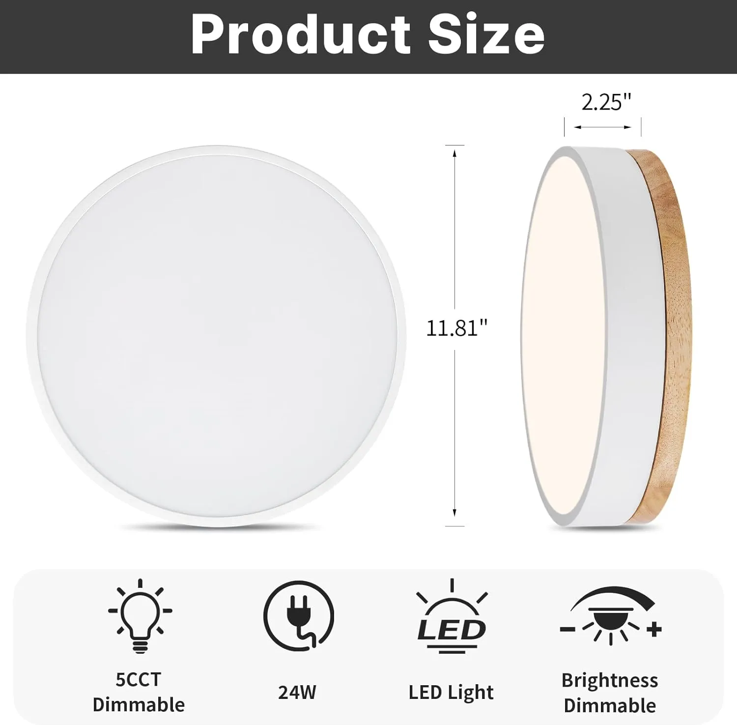 Led Flush Mount Ceiling Light: 11.8" Dimmable 5CCT Overhead Ceiling Lighting Fixture - Morden White Round Close to Ceil Lights - Flat Wood Minimalist Light Fixtures for Living Room Laundry Bedroom
