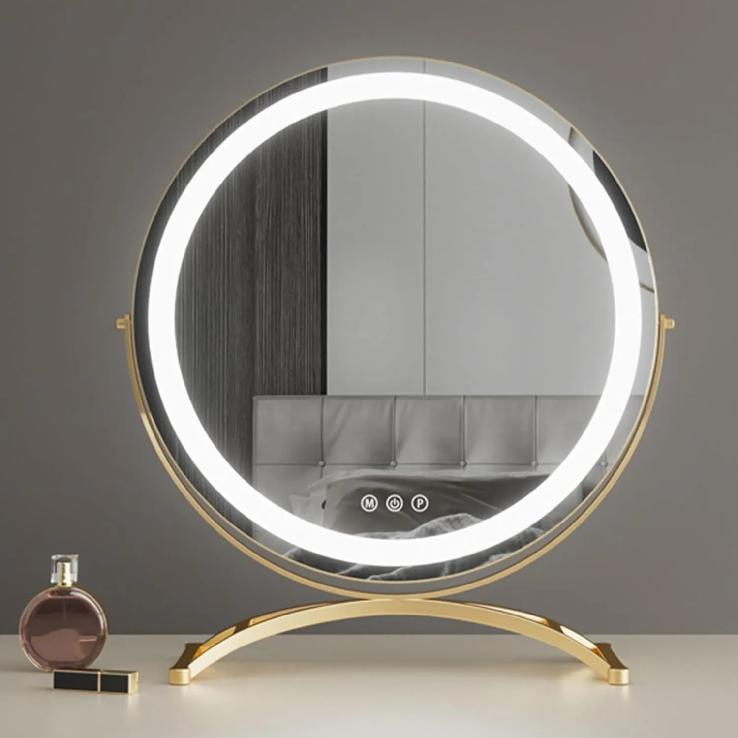 LED Lighted Tabletop Makeup Mirror with 360° Rotation,3 LED Light Strips/Round Dressing Table Mirror for Flawless Makeup Application