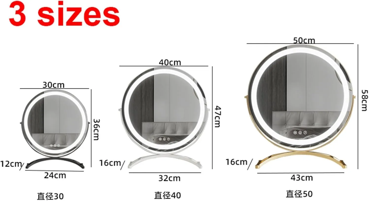 LED Lighted Tabletop Makeup Mirror with 360° Rotation,3 LED Light Strips/Round Dressing Table Mirror for Flawless Makeup Application