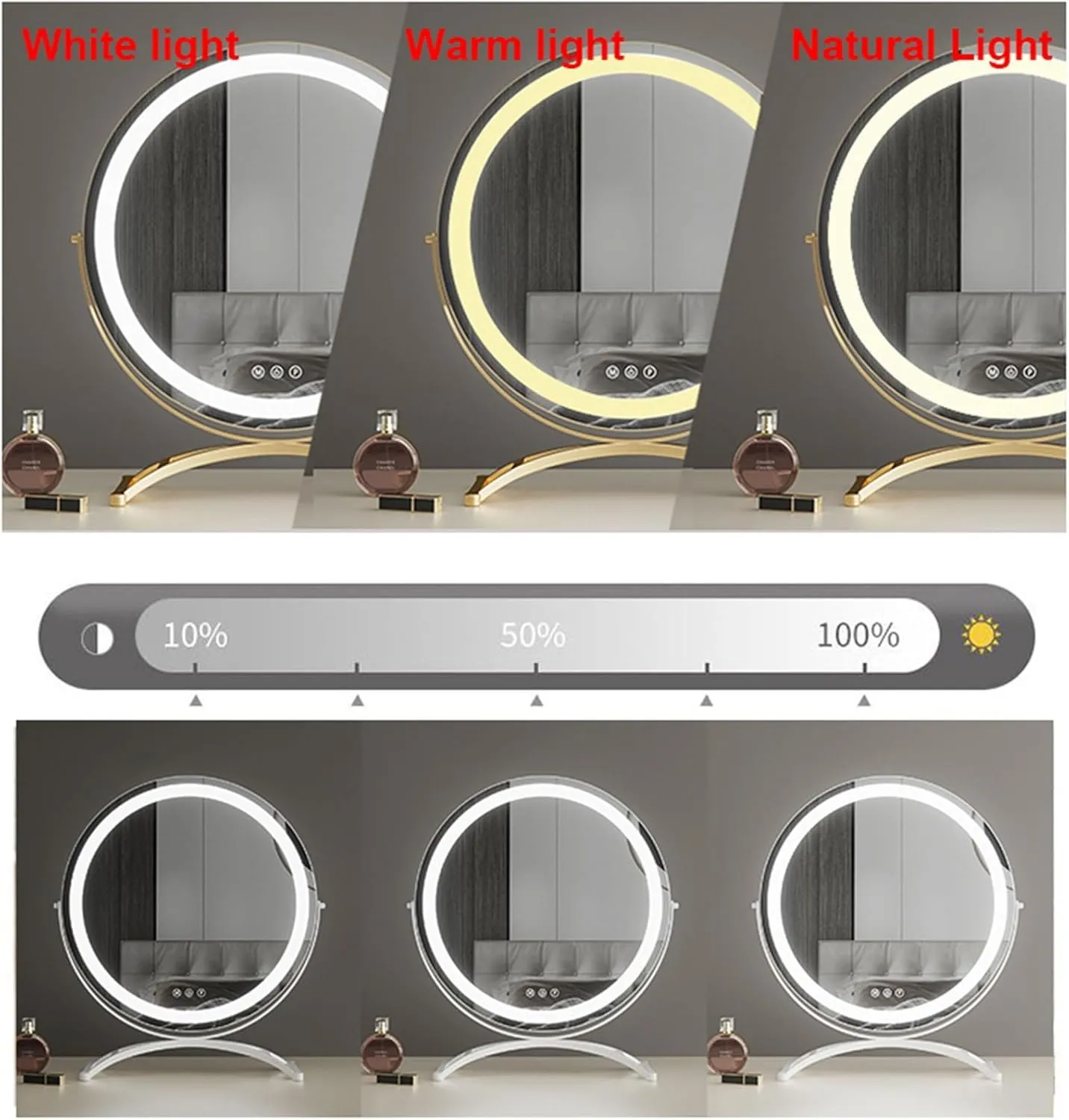 LED Lighted Tabletop Makeup Mirror with 360° Rotation,3 LED Light Strips/Round Dressing Table Mirror for Flawless Makeup Application