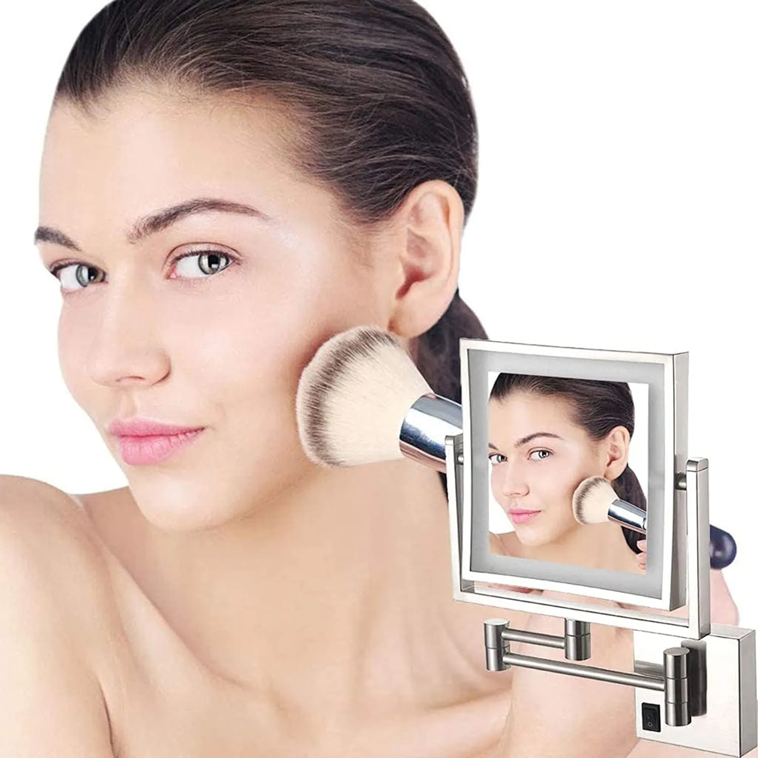 LED Makeup Vanity Mirrors, Square Double Sided Lighted Cosmetic Mirror 3X Magnification Wall Mounted Bathroom Mirrors, Hardwired, Silver_8 inch