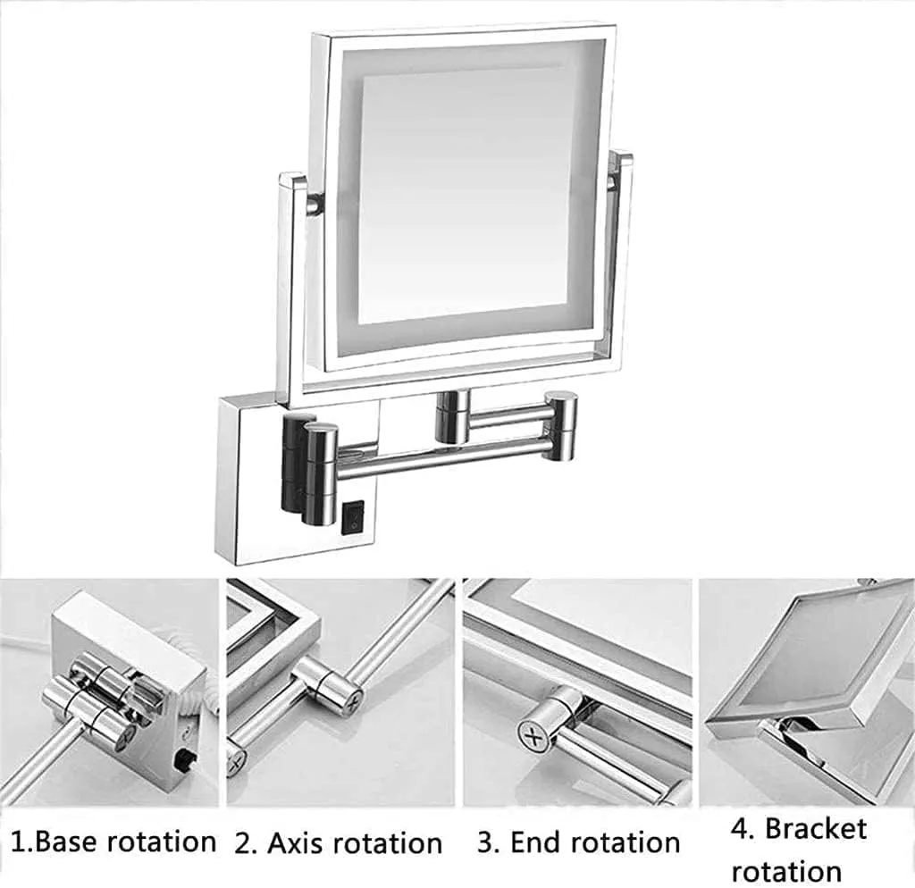 LED Makeup Vanity Mirrors, Square Double Sided Lighted Cosmetic Mirror 3X Magnification Wall Mounted Bathroom Mirrors, Hardwired, Silver_8 inch