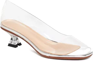 LEHOOR Women Clear Slip On Pumps Kitten Heel Round Closed Toe Sandals 1 Inch Low Heel Summer Transparent PVC Trendy Wedding Party Dress Shoes Size 4-9.5 M US