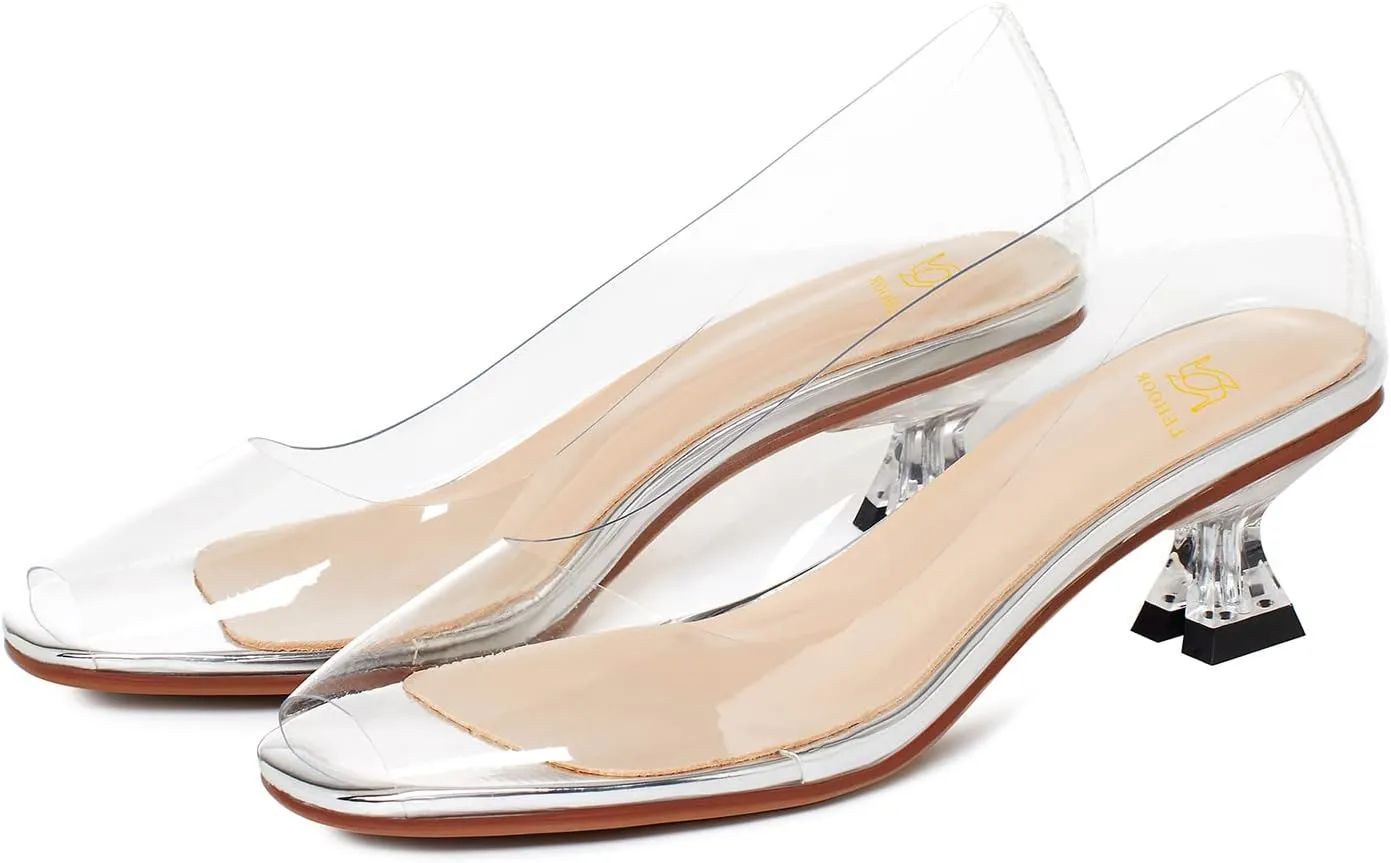 LEHOOR Women Clear Slip On Pumps Kitten Heel Round Closed Toe Sandals 1 Inch Low Heel Summer Transparent PVC Trendy Wedding Party Dress Shoes Size 4-9.5 M US