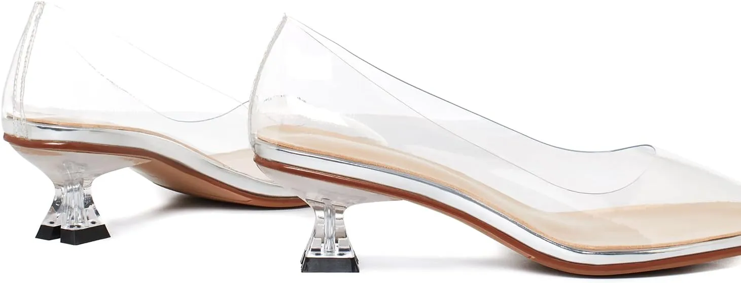 LEHOOR Women Clear Slip On Pumps Kitten Heel Round Closed Toe Sandals 1 Inch Low Heel Summer Transparent PVC Trendy Wedding Party Dress Shoes Size 4-9.5 M US