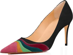 LEHOOR Women Rainbow Kitten Heels Pumps Pointed Toe Suede Stiletto, 3 inch High Heel Pumps Multicolor Closed Toe Classic for Ladies Dress Party 4-15 M US