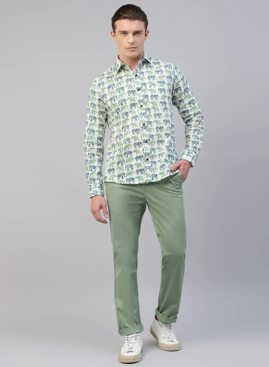 Light Green Cotton Casual Trouser