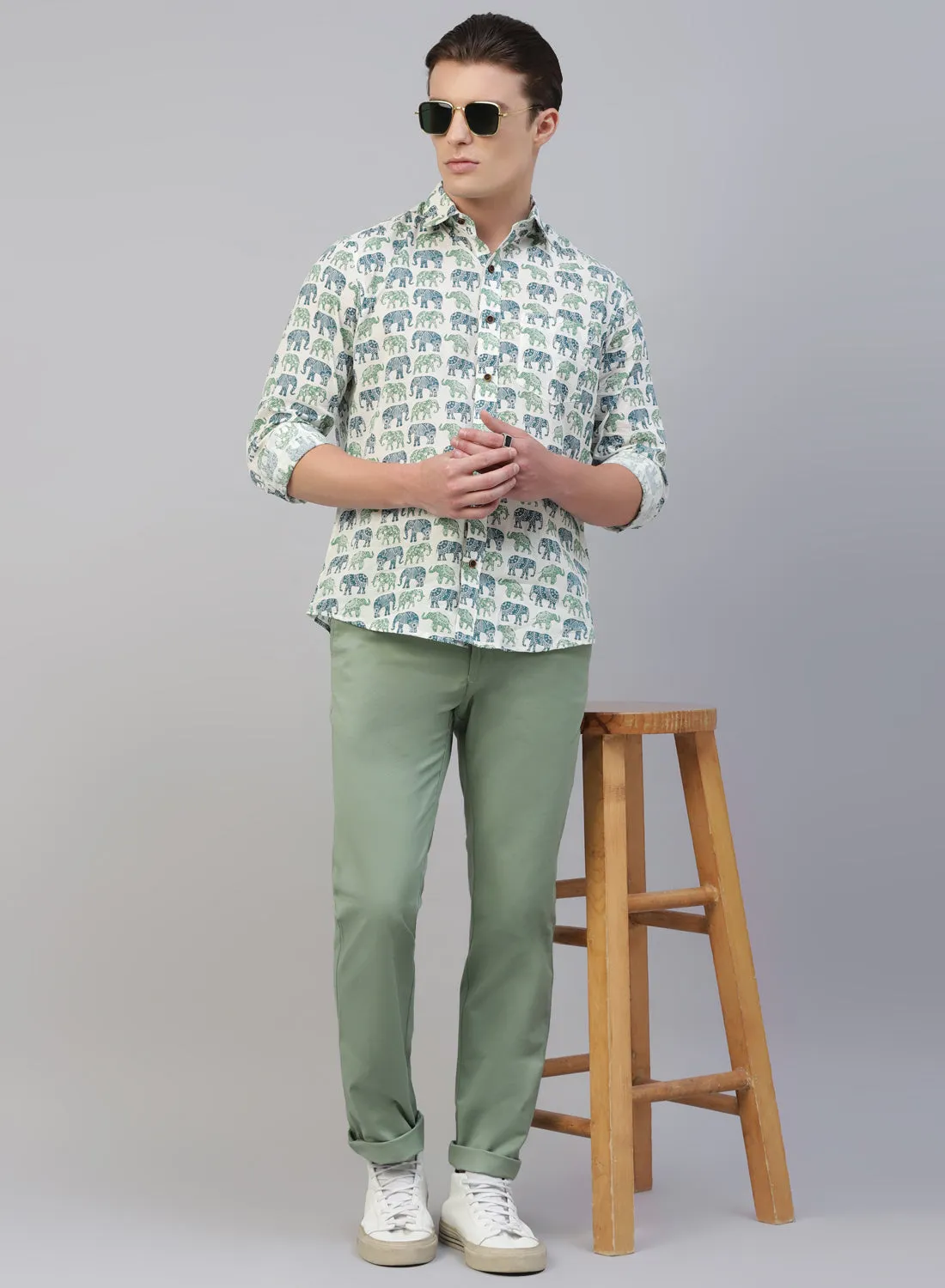 Light Green Cotton Casual Trouser