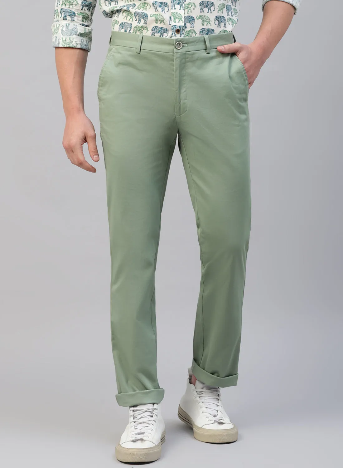 Light Green Cotton Casual Trouser