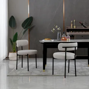Light Grey Dining Chairs Set of 2 Round Upholstered Boucle Mid-Century Modern Dining Room Chairs with Curved Backrest and Black Metal Legs