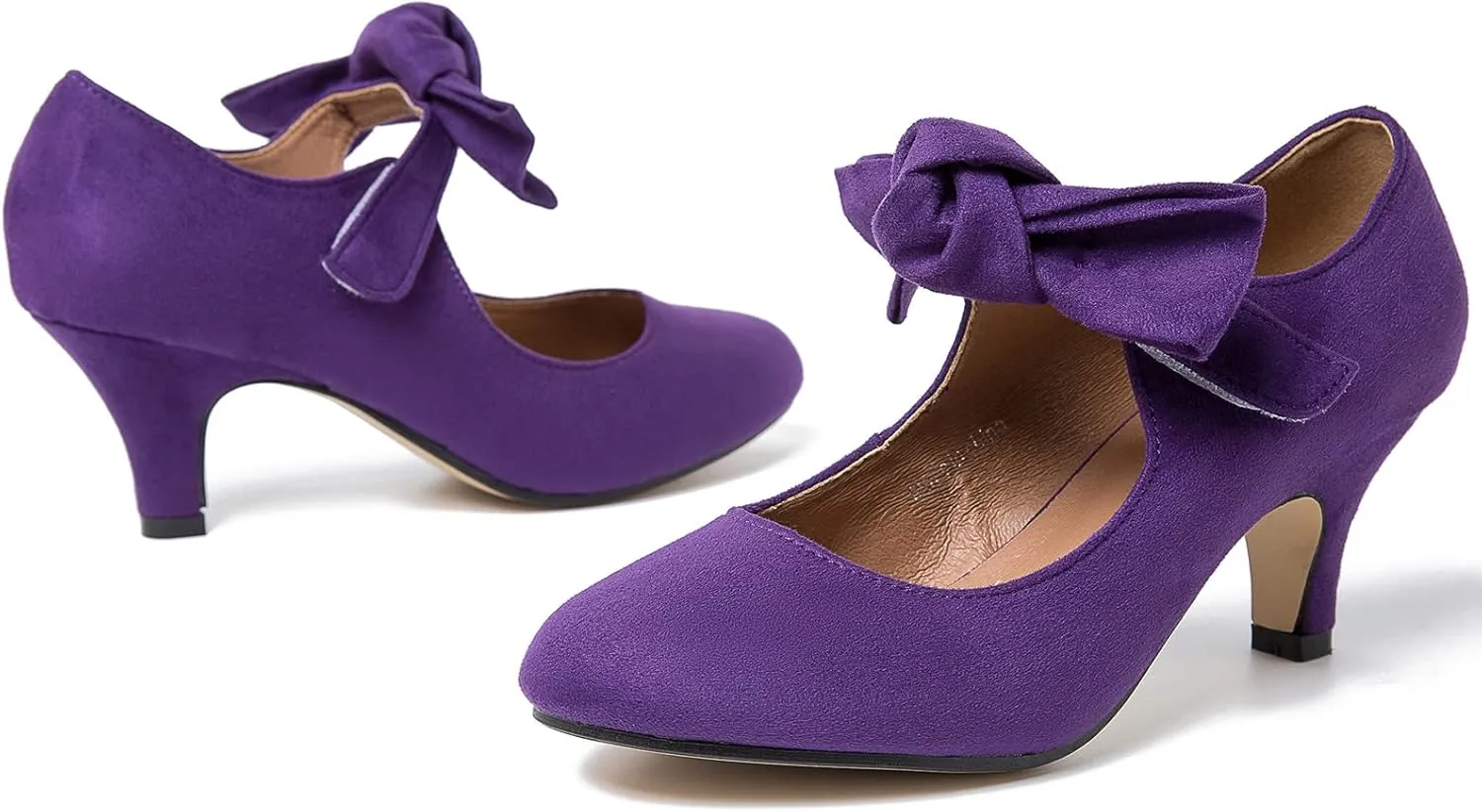 LIURUIJIA Women's Bow Heels Mary Jane Kitten Heel Pumps Round Toe Low Heels Ankle Strap Wedding Evening Party Dress Shoes