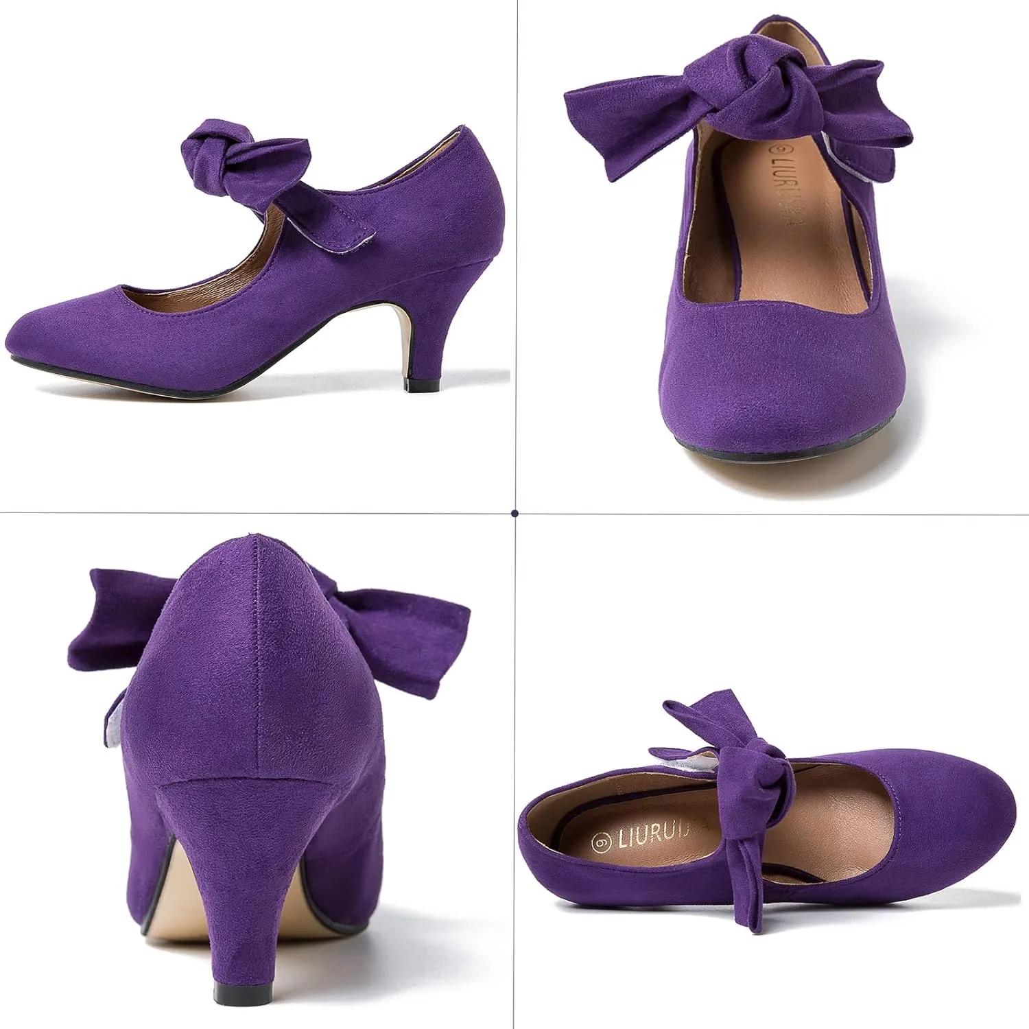LIURUIJIA Women's Bow Heels Mary Jane Kitten Heel Pumps Round Toe Low Heels Ankle Strap Wedding Evening Party Dress Shoes