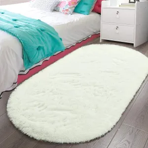 LOCHAS Fluffy Gream Bedroom Rug 2.6' x 5.3', Shaggy Area Rug for Bedroom Bedside, Soft Oval Throw Rugs Carpet for Living Room Kids Girls Home Decor
