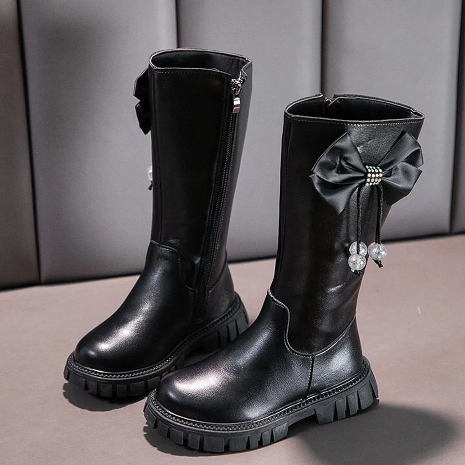 Long Leather Boots For Girls Kids Baby Toddler Zipper Leather Slip On Flat Boots Outdoor 𝐖aterproof Cozy Long Shoes