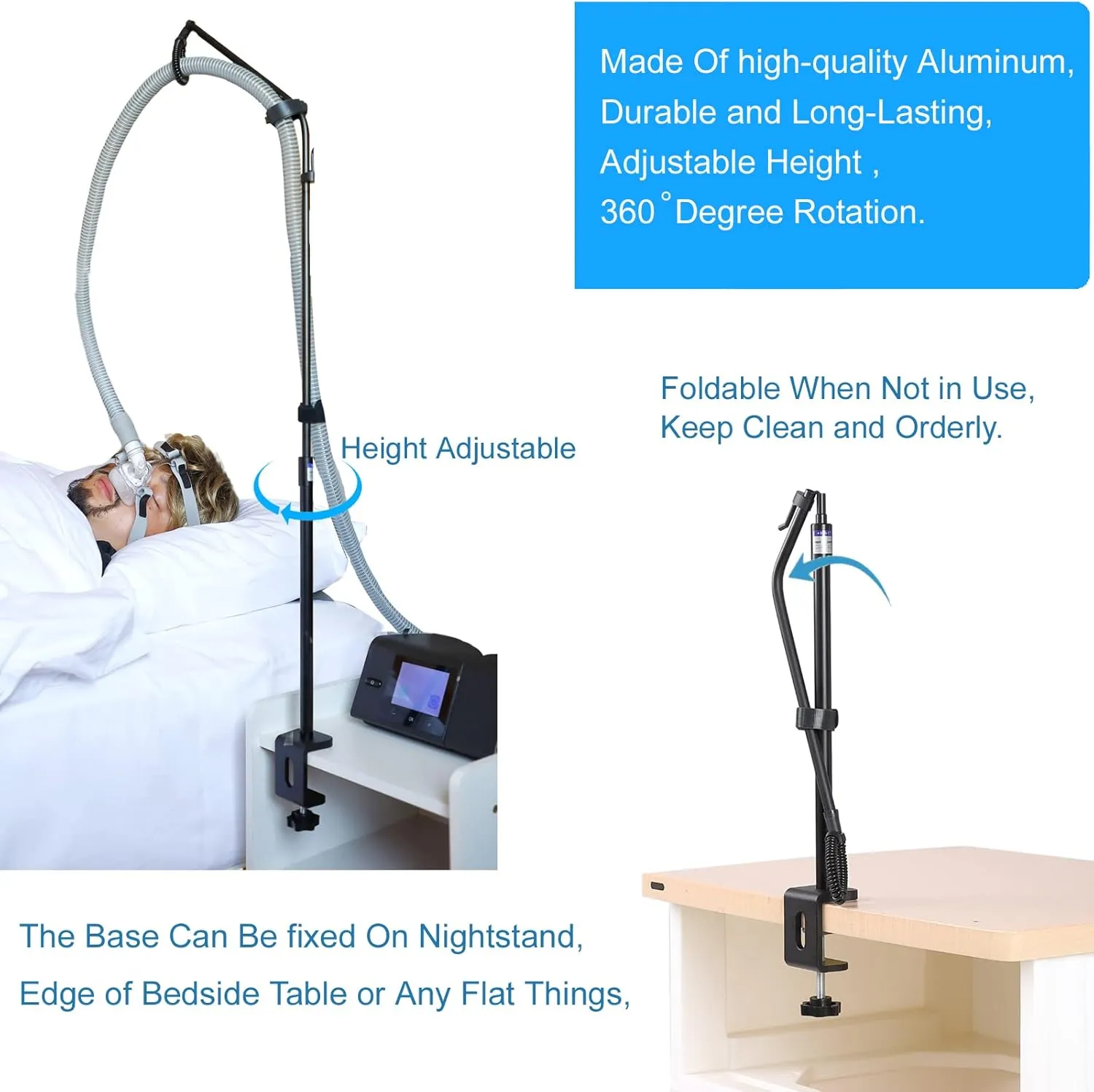 LONYEON CPAP Hose Holder - Prevent Leakage and Tangle with Height Adjustable, Removable and Rotatable - Hose Hanger Hook Organizer CPAP Accessories Supplies for Sleep, with C Clamp Base, Black