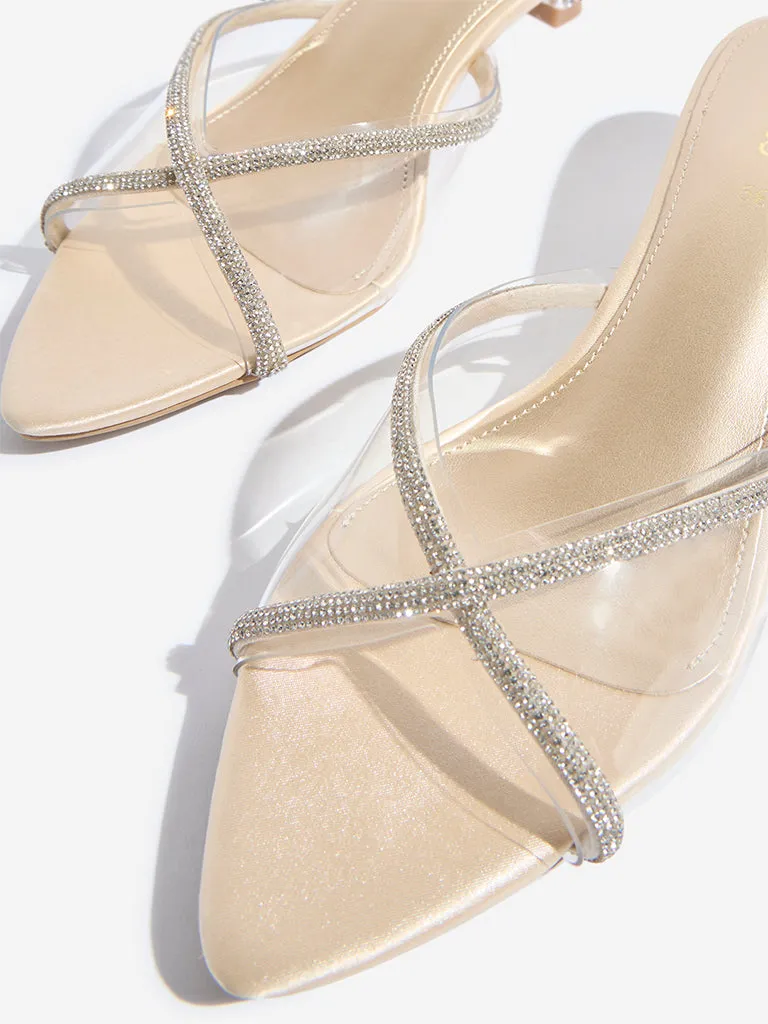 LUNA BLU Gold Diamante Embellished Kitten Heel Sandals