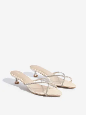 LUNA BLU Gold Diamante Embellished Kitten Heel Sandals