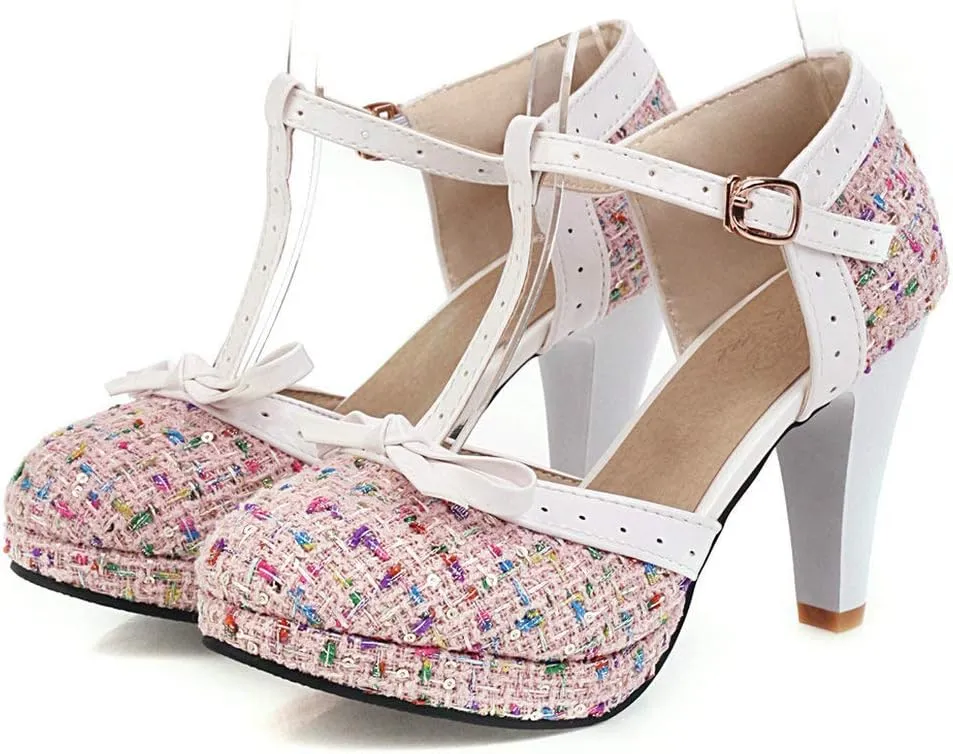 LUXMAX Women T-Strap Pumps High Block Heel Plaid Ankle Strap Pumps with Bowtie