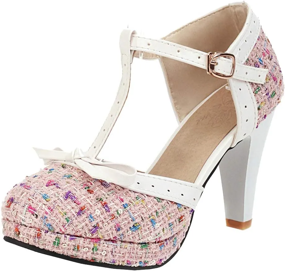 LUXMAX Women T-Strap Pumps High Block Heel Plaid Ankle Strap Pumps with Bowtie