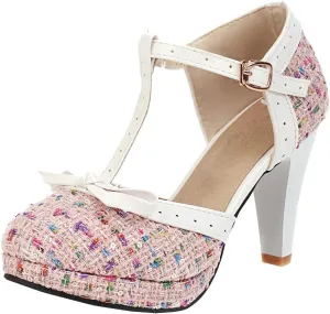 LUXMAX Women T-Strap Pumps High Block Heel Plaid Ankle Strap Pumps with Bowtie