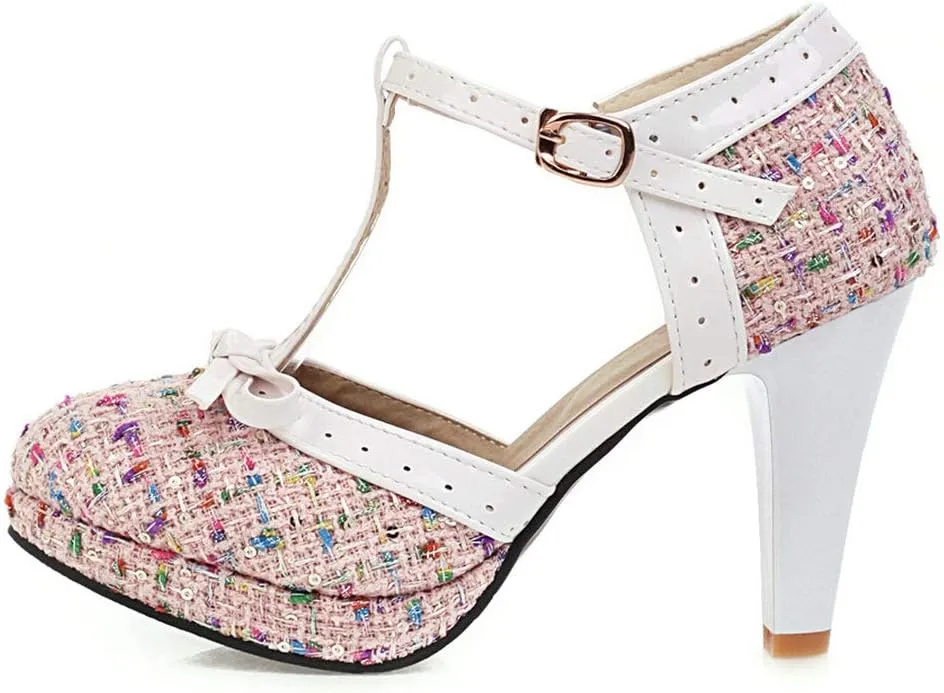 LUXMAX Women T-Strap Pumps High Block Heel Plaid Ankle Strap Pumps with Bowtie