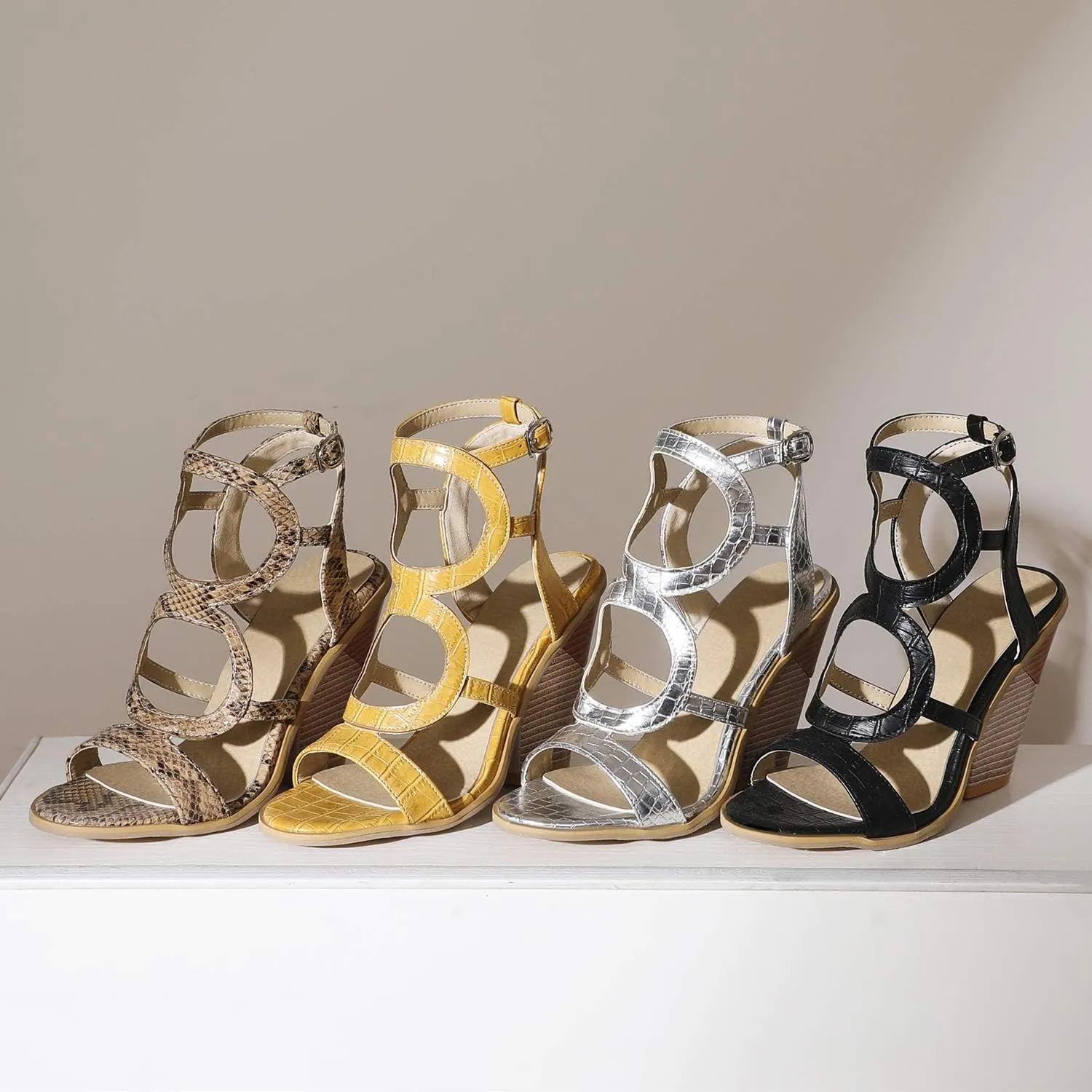 LYYSKY Womens Fashion Wedge High Heels Buckle Ankle Strap Slingback Sandals Open Toe Snakeskin Summer Shoes