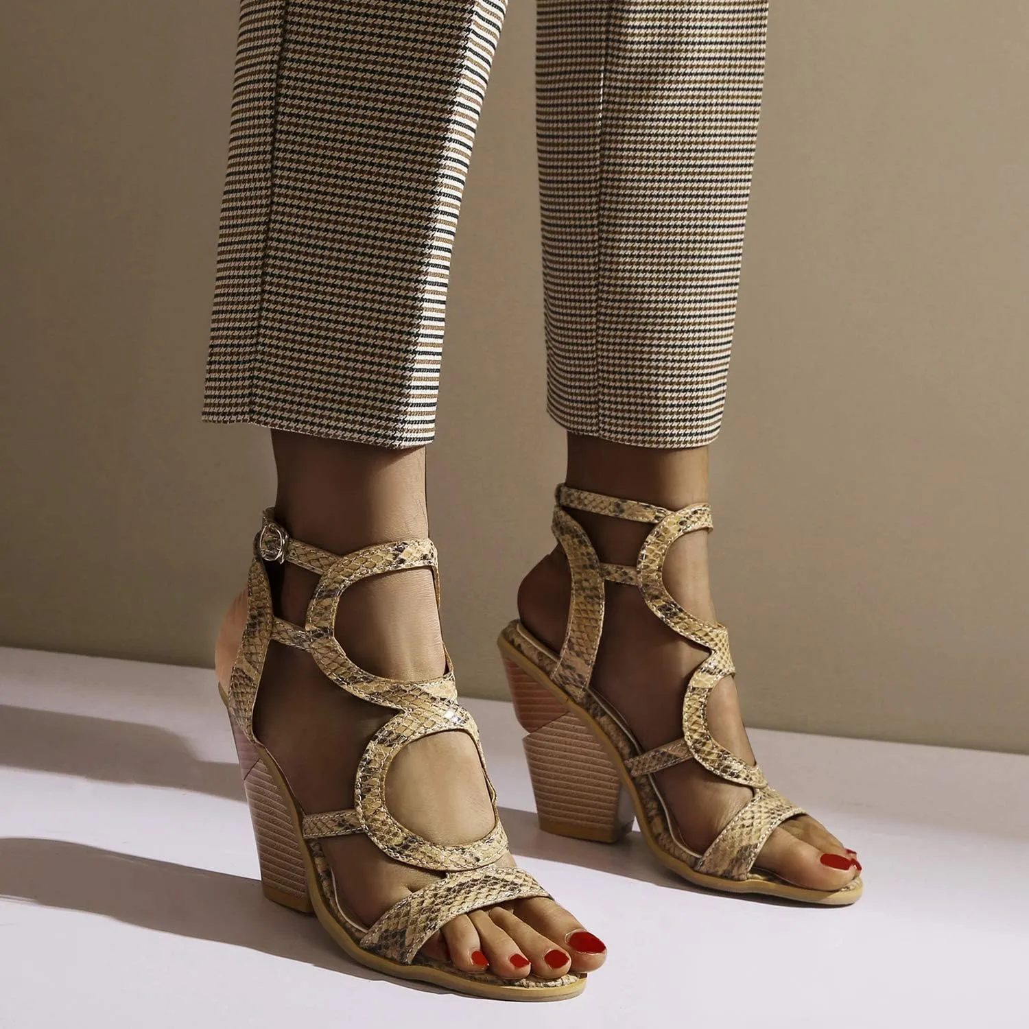 LYYSKY Womens Fashion Wedge High Heels Buckle Ankle Strap Slingback Sandals Open Toe Snakeskin Summer Shoes