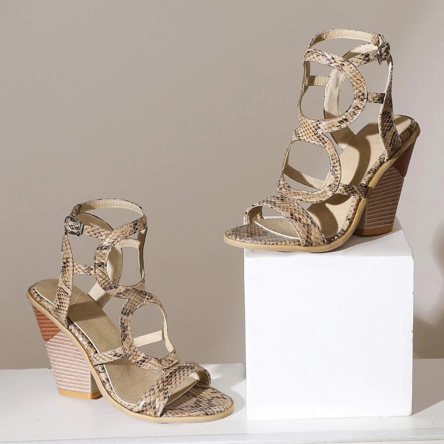 LYYSKY Womens Fashion Wedge High Heels Buckle Ankle Strap Slingback Sandals Open Toe Snakeskin Summer Shoes