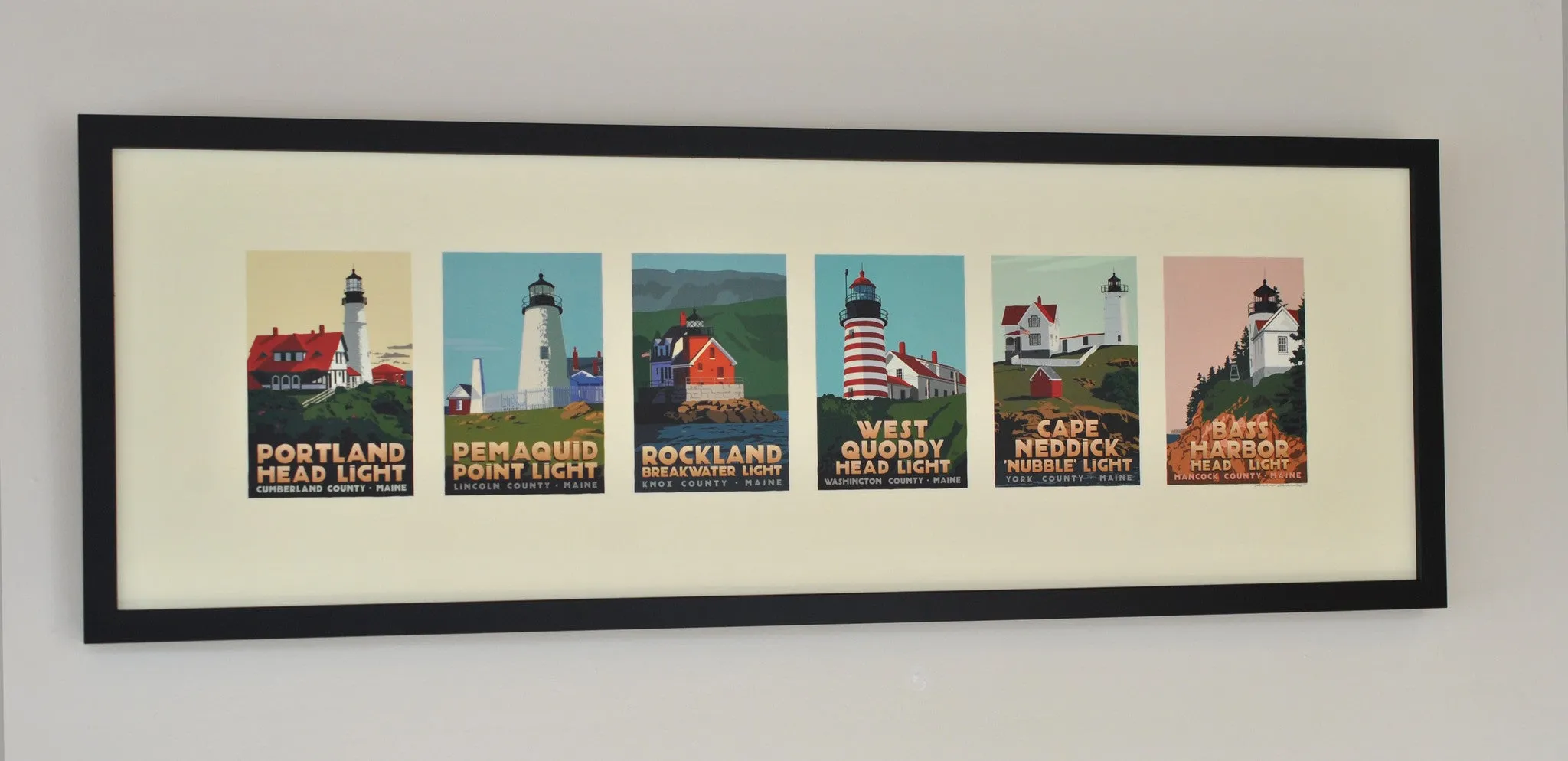 Maine Lighthouse Series Art Print 12" x 36" Framed Travel Poster - Maine
