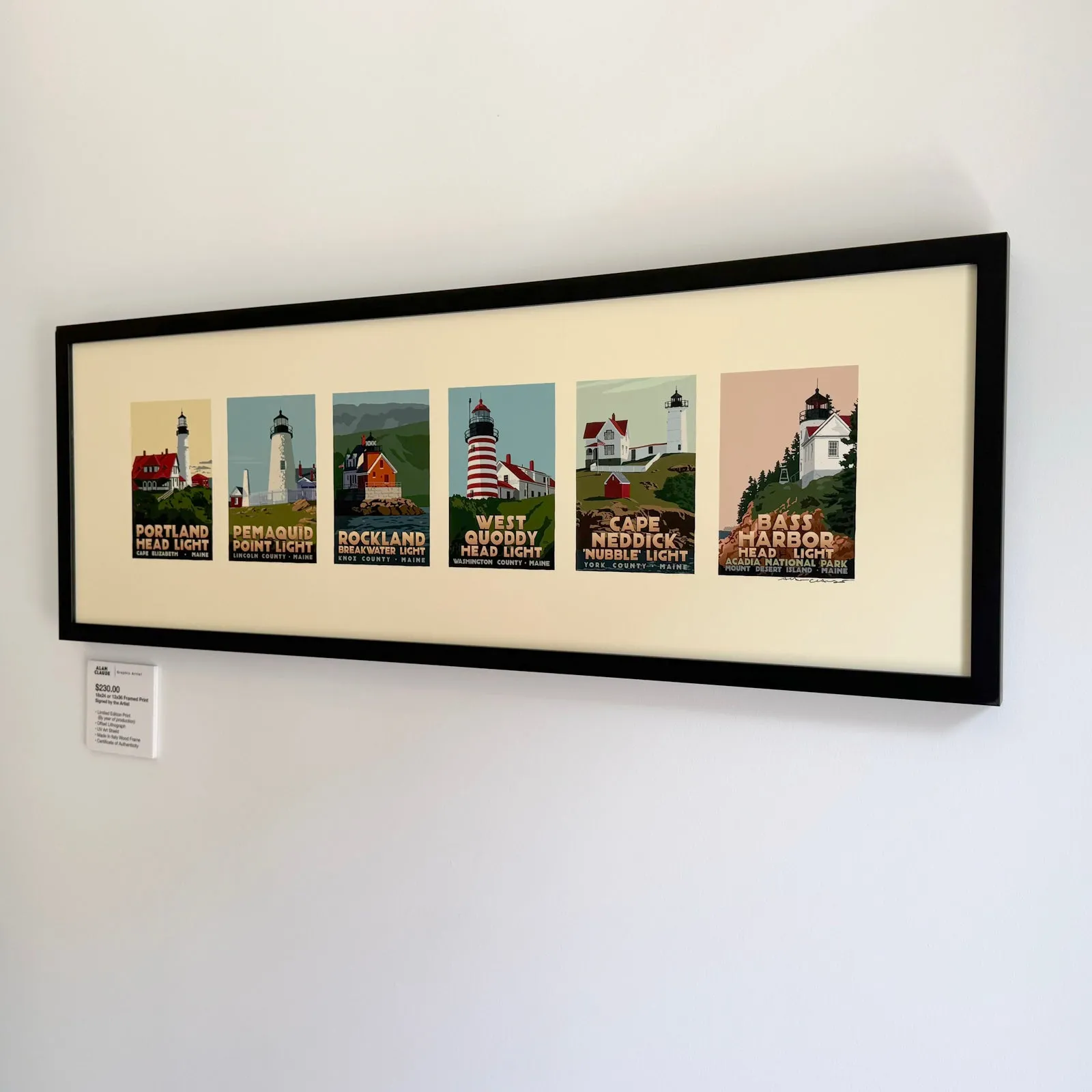 Maine Lighthouse Series Art Print 12" x 36" Framed Travel Poster - Maine