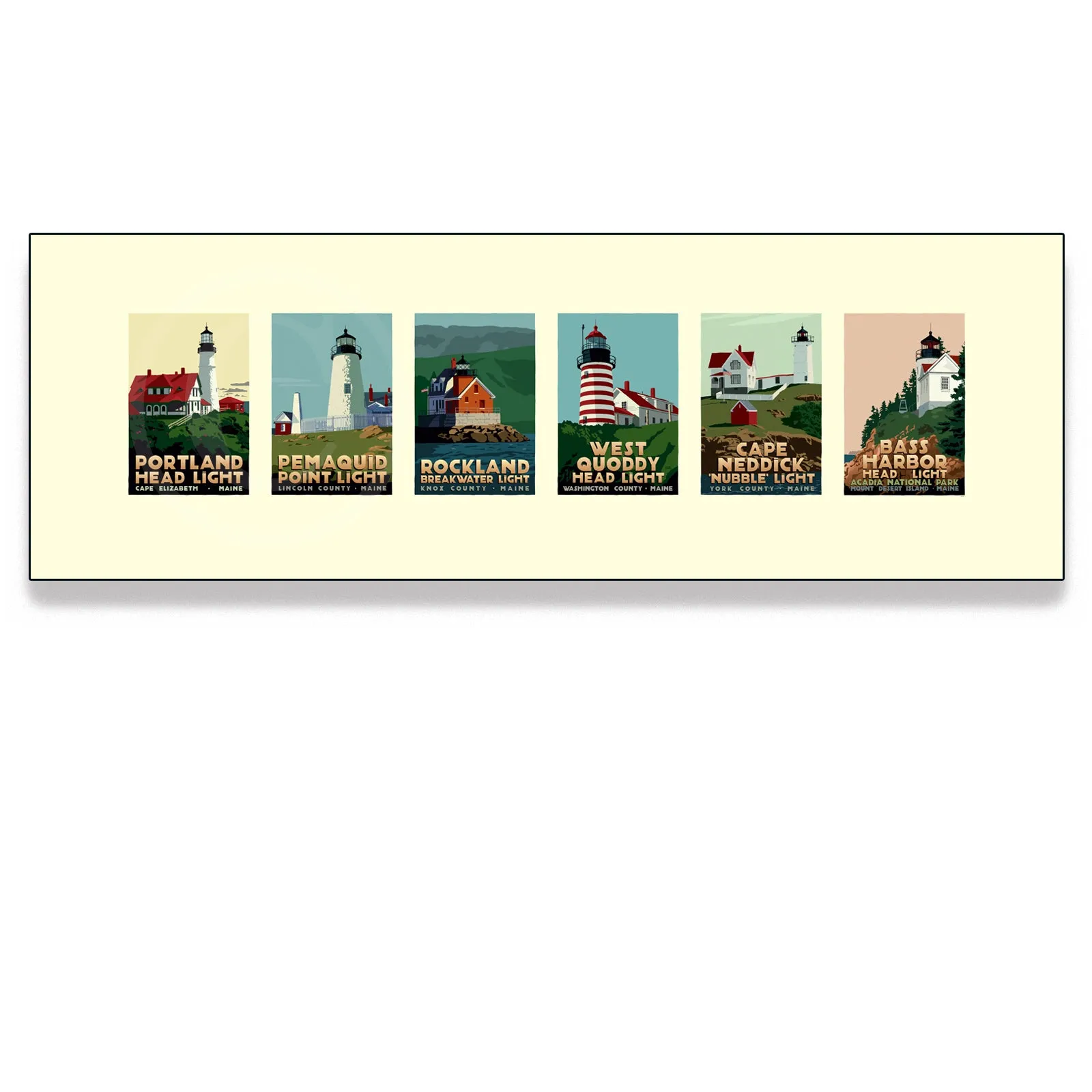 Maine Lighthouse Series Art Print 12" x 36" Framed Travel Poster - Maine