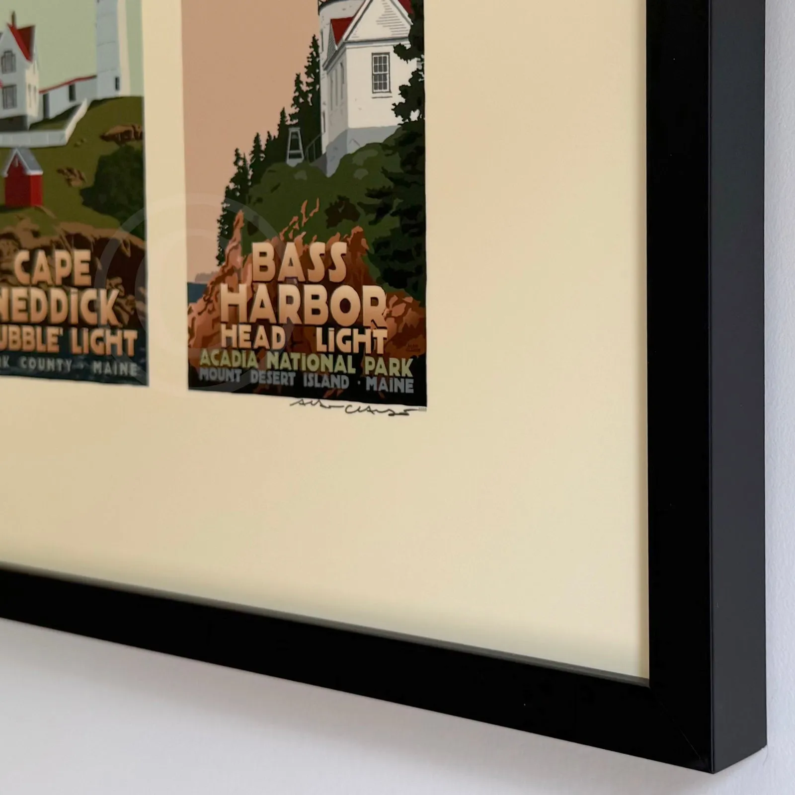 Maine Lighthouse Series Art Print 12" x 36" Framed Travel Poster - Maine