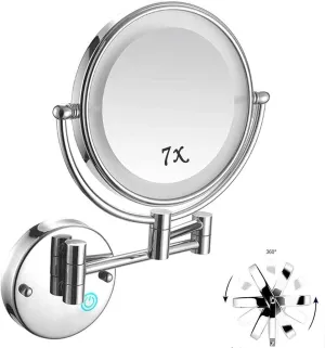 Makeup Mirror with Lights and 7X Magnification, 8 Inch Double Sided Vanity Magnifying Mirror for Bathroom (Color : Silver White)