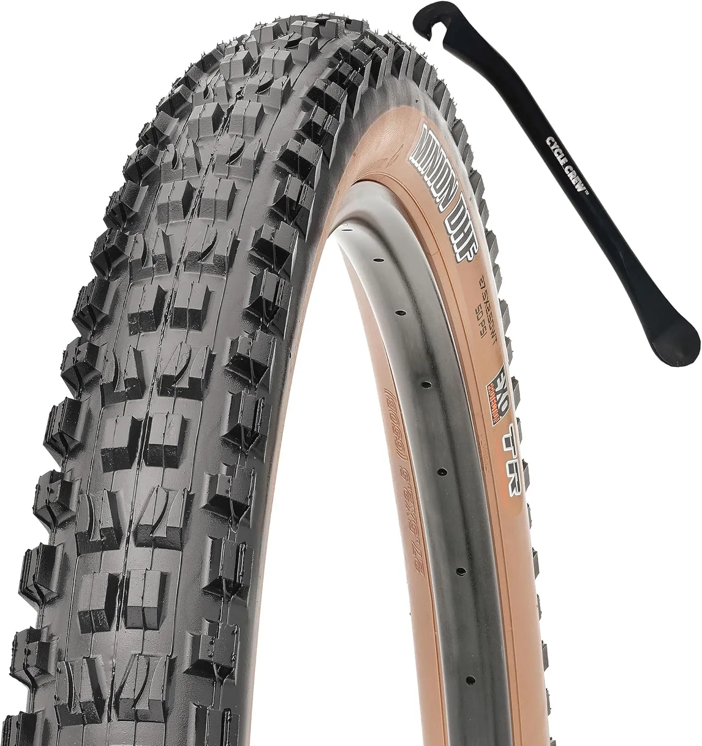 MAXXIS Minion DHF Mountain Bike Tire - Tan Sidewall - 27.5" & 29" - Bundle with Cycle Crew Tire Lever