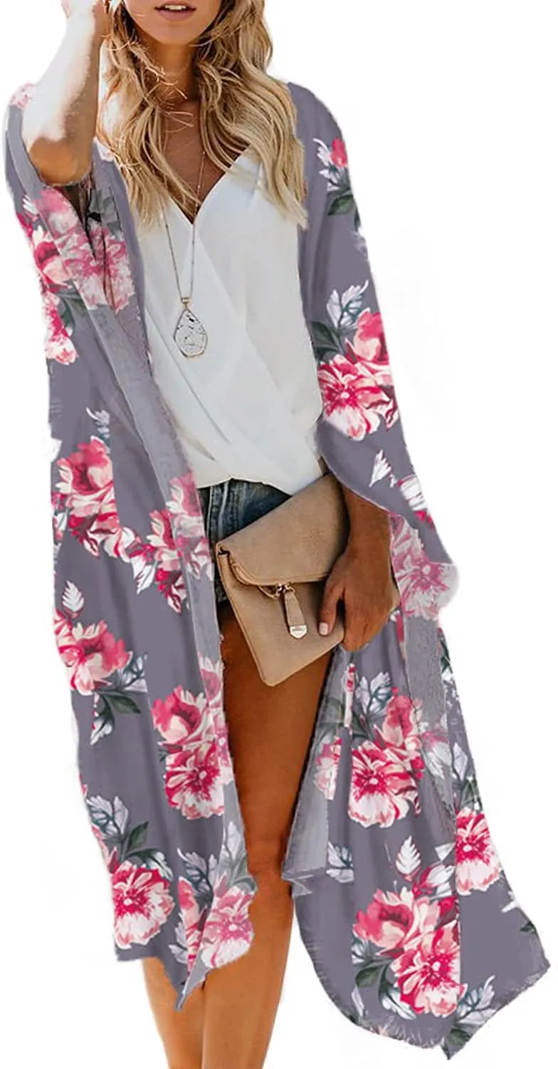 MayBuy Women's Summer Long Flowy Kimono Cardigans Boho Chiffon Beach Cover Up Tops