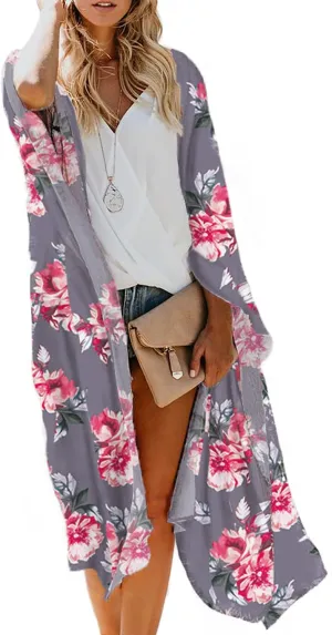 MayBuy Women's Summer Long Flowy Kimono Cardigans Boho Chiffon Beach Cover Up Tops