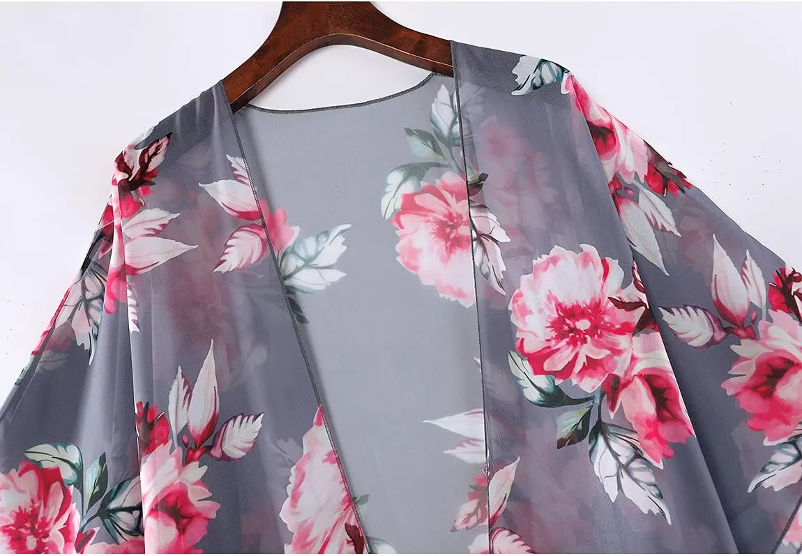 MayBuy Women's Summer Long Flowy Kimono Cardigans Boho Chiffon Beach Cover Up Tops
