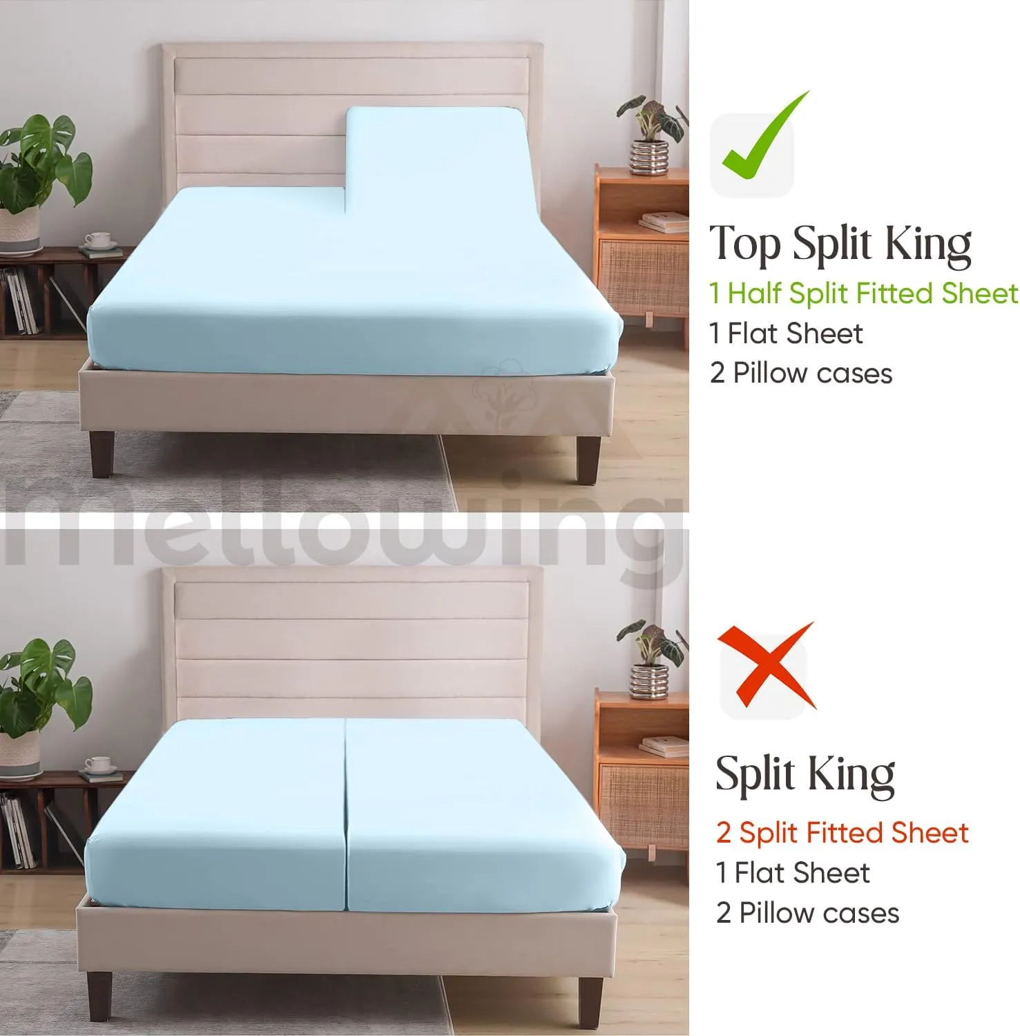 Mellowing Premium 400 TC 100% Egyptian Cotton,Flex Top King Sheets for Sleep Number Bed 16" Deep Pocket,Half Split Queen 34" - Light Blue