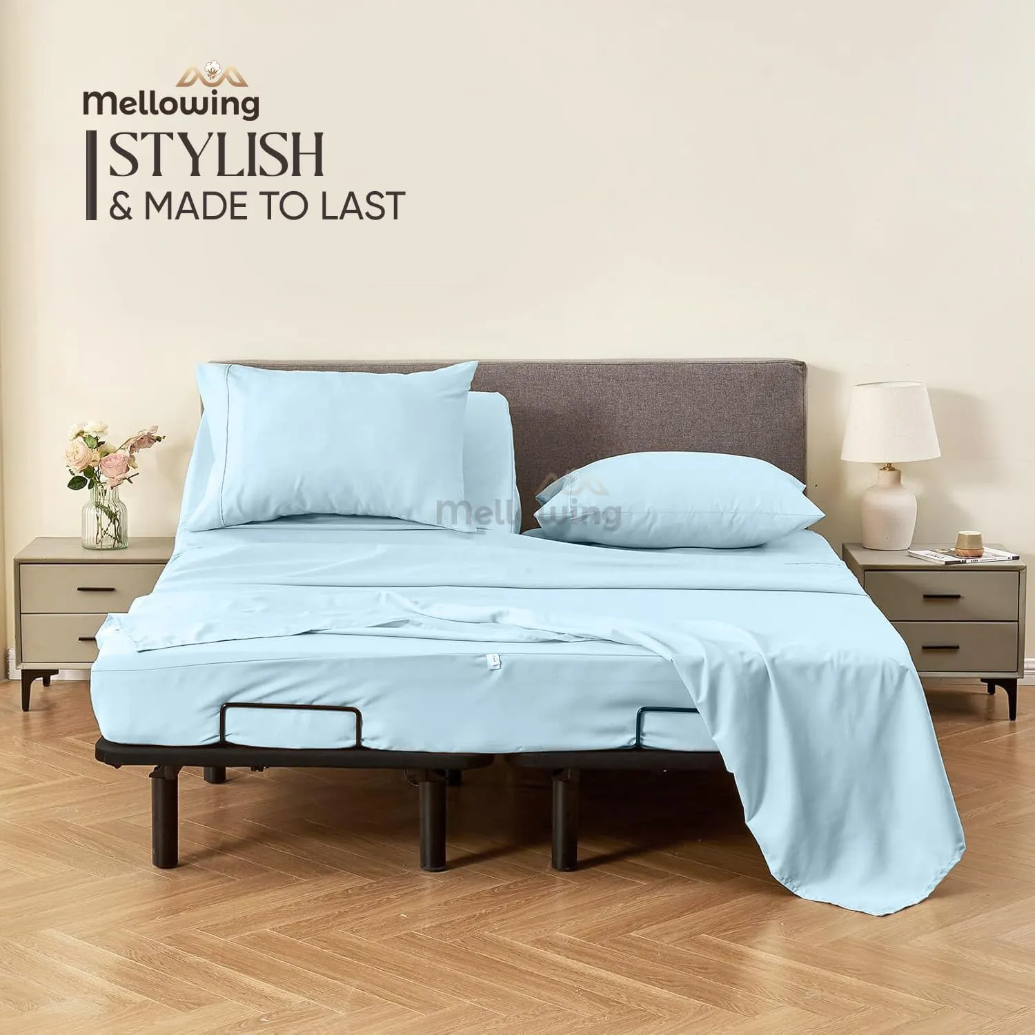 Mellowing Premium 400 TC 100% Egyptian Cotton,Flex Top King Sheets for Sleep Number Bed 16" Deep Pocket,Half Split Queen 34" - Light Blue