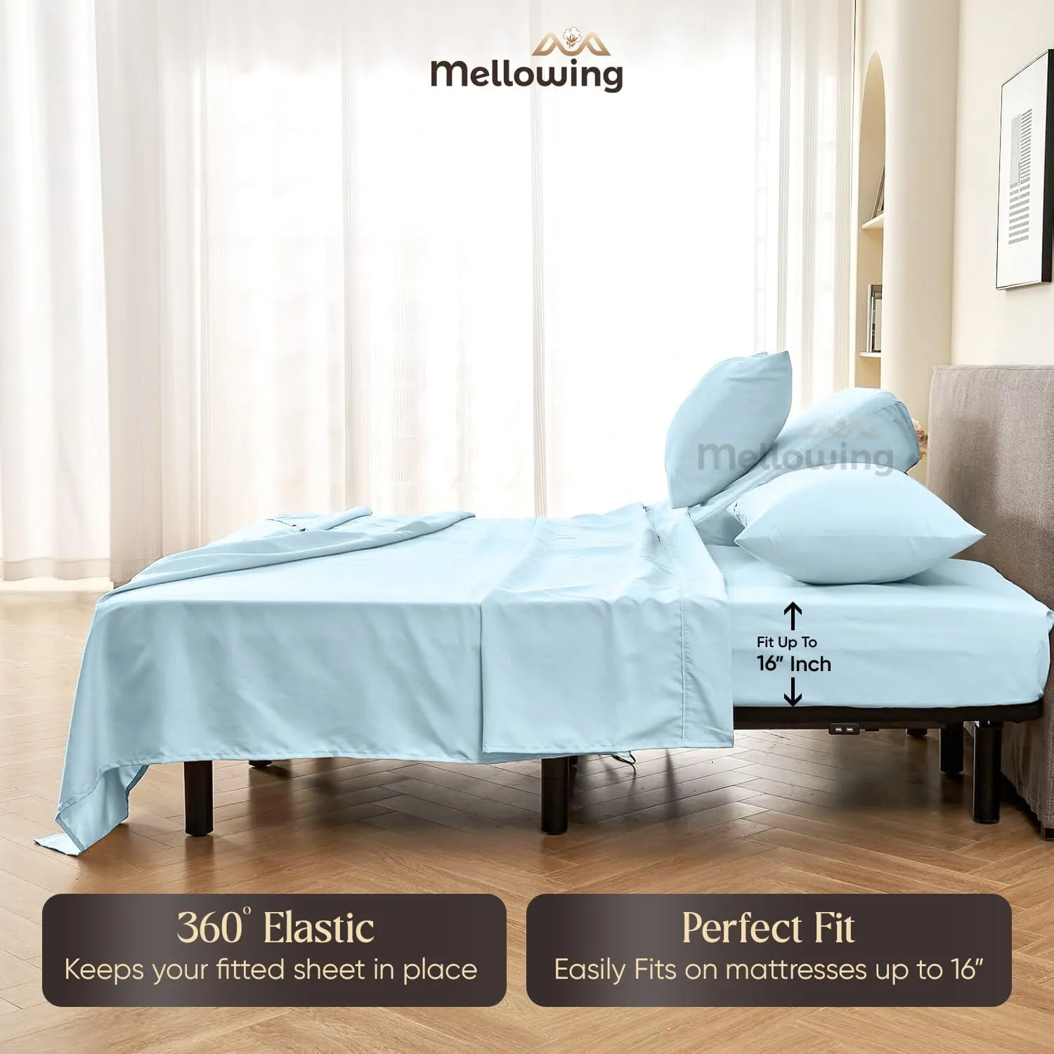 Mellowing Premium 400 TC 100% Egyptian Cotton,Flex Top King Sheets for Sleep Number Bed 16" Deep Pocket,Half Split Queen 34" - Light Blue