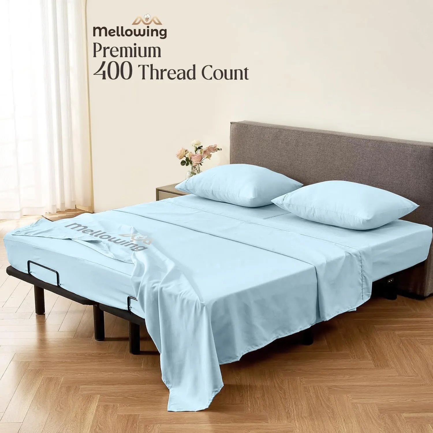 Mellowing Premium 400 TC 100% Egyptian Cotton,Flex Top King Sheets for Sleep Number Bed 16" Deep Pocket,Half Split Queen 34" - Light Blue