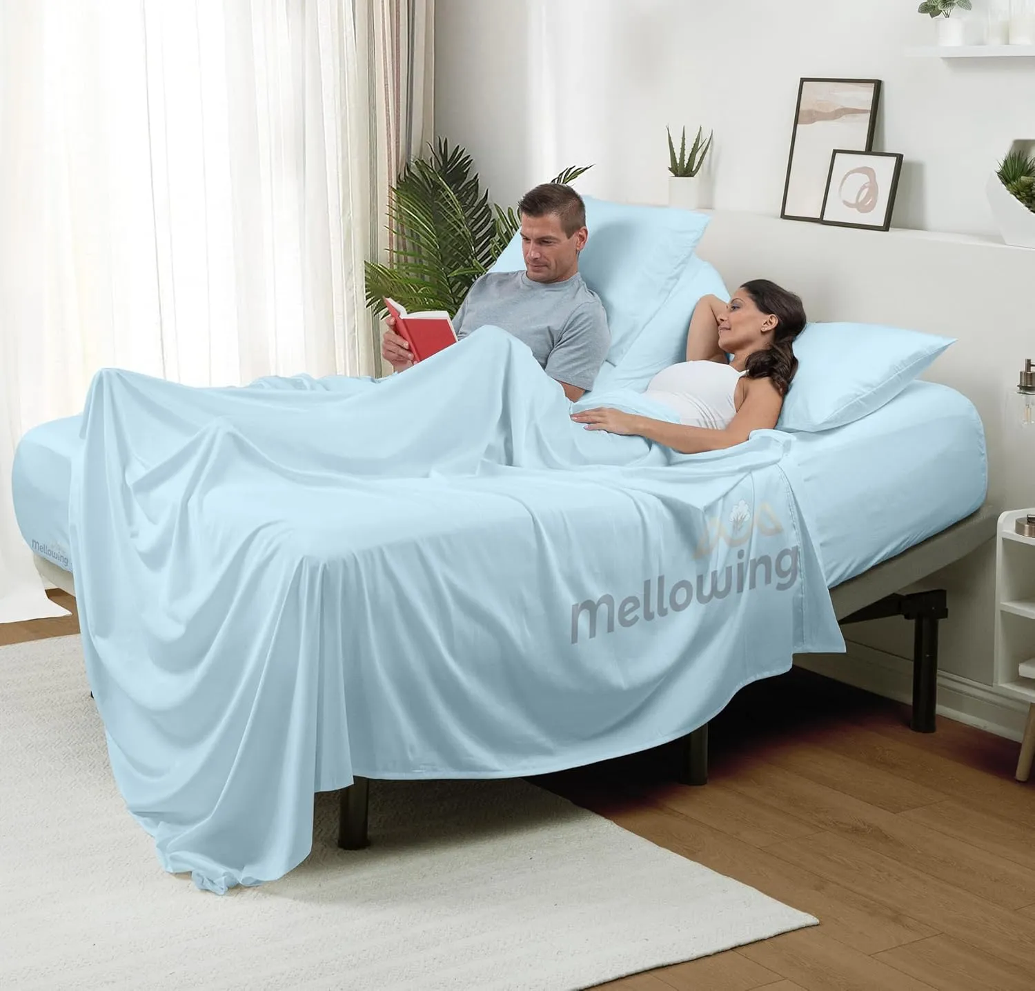 Mellowing Premium 400 TC 100% Egyptian Cotton,Flex Top King Sheets for Sleep Number Bed 16" Deep Pocket,Half Split Queen 34" - Light Blue