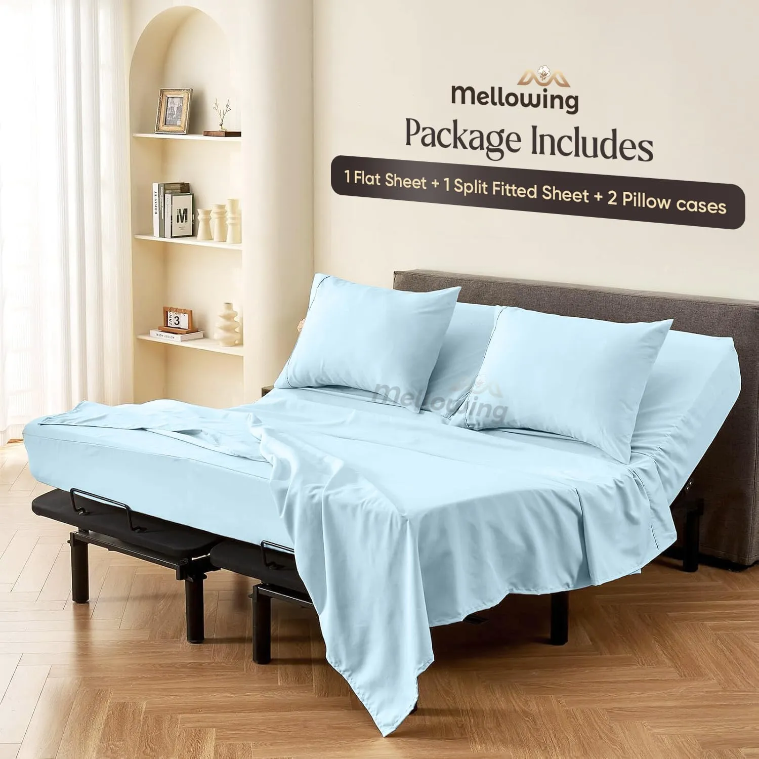 Mellowing Premium 400 TC 100% Egyptian Cotton,Flex Top King Sheets for Sleep Number Bed 16" Deep Pocket,Half Split Queen 34" - Light Blue