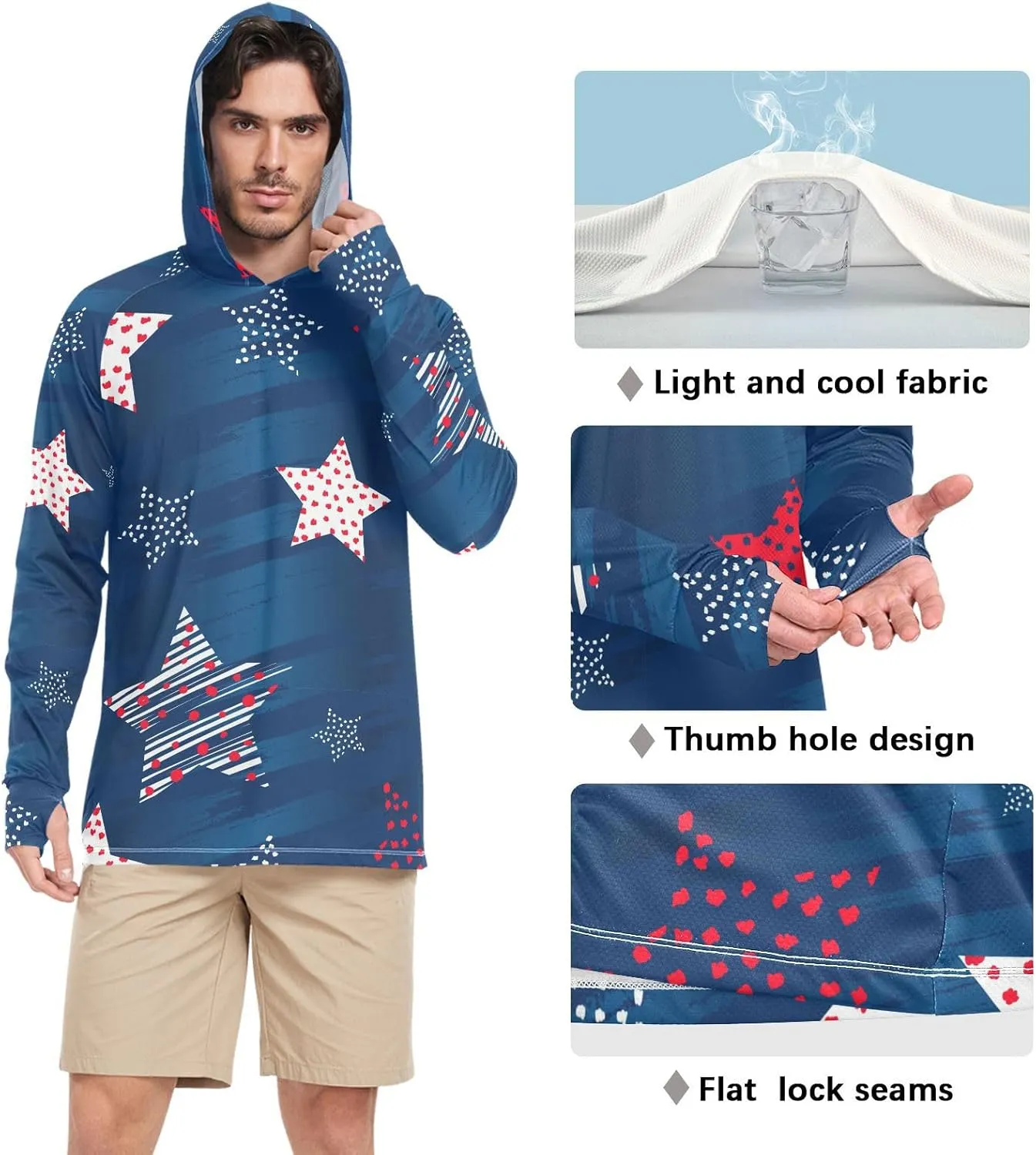 Mens Hoodie Sun Protection Long Sleeve American Star UPF 50 Mens Sun Shirt Sunproof Shirts Rash Guard Men UV