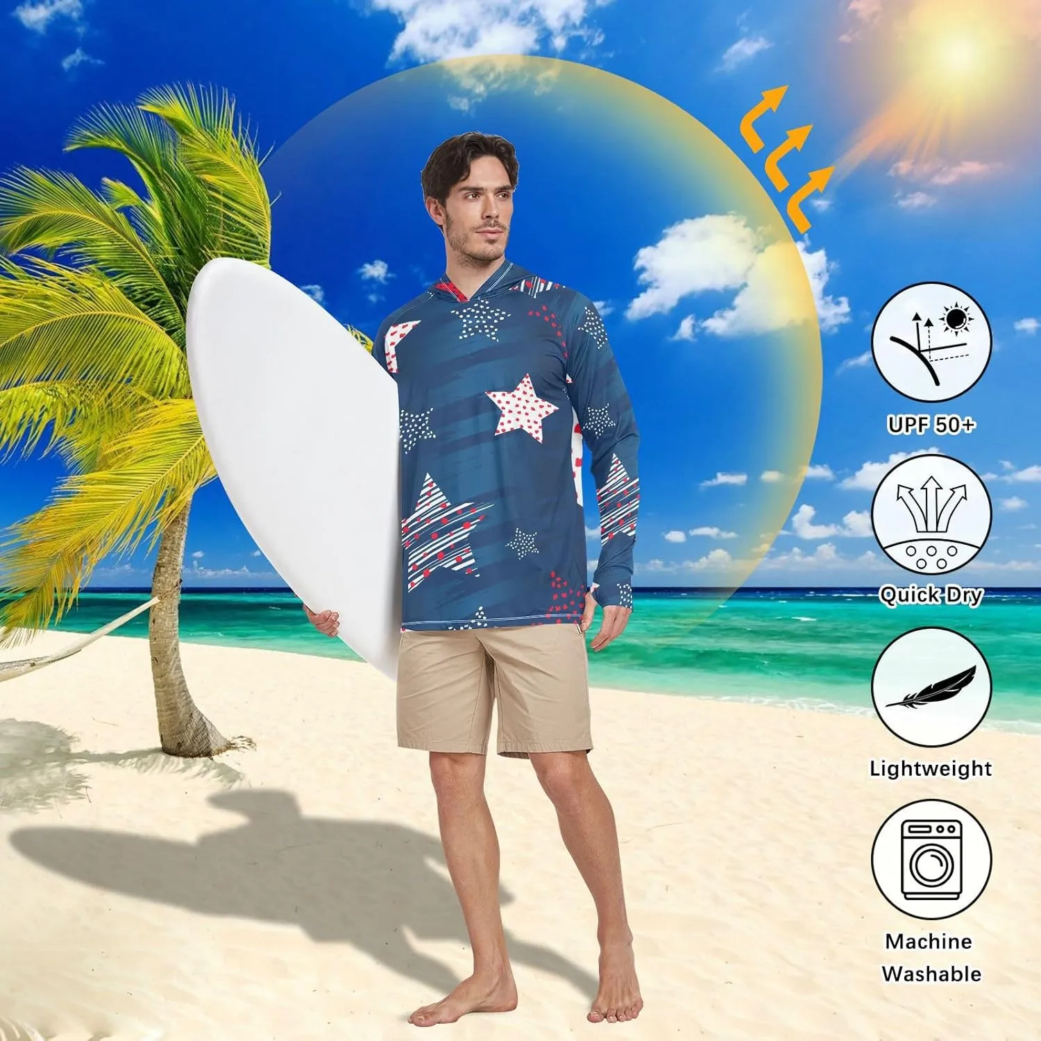 Mens Hoodie Sun Protection Long Sleeve American Star UPF 50 Mens Sun Shirt Sunproof Shirts Rash Guard Men UV