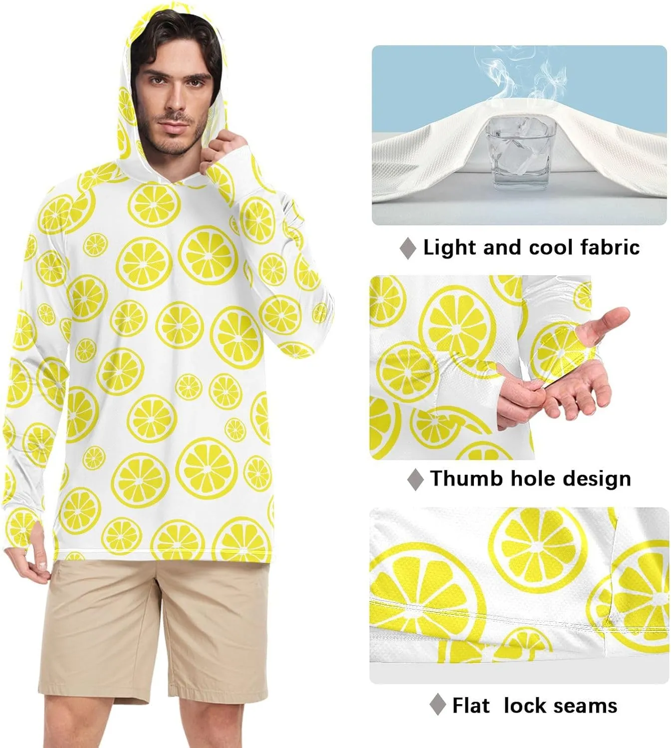 Mens Hoodie Sun Protection Long Sleeve Lemon UPF 50   Mens Sun Shirts Sailing Rash Guard Rash Guard Men UV
