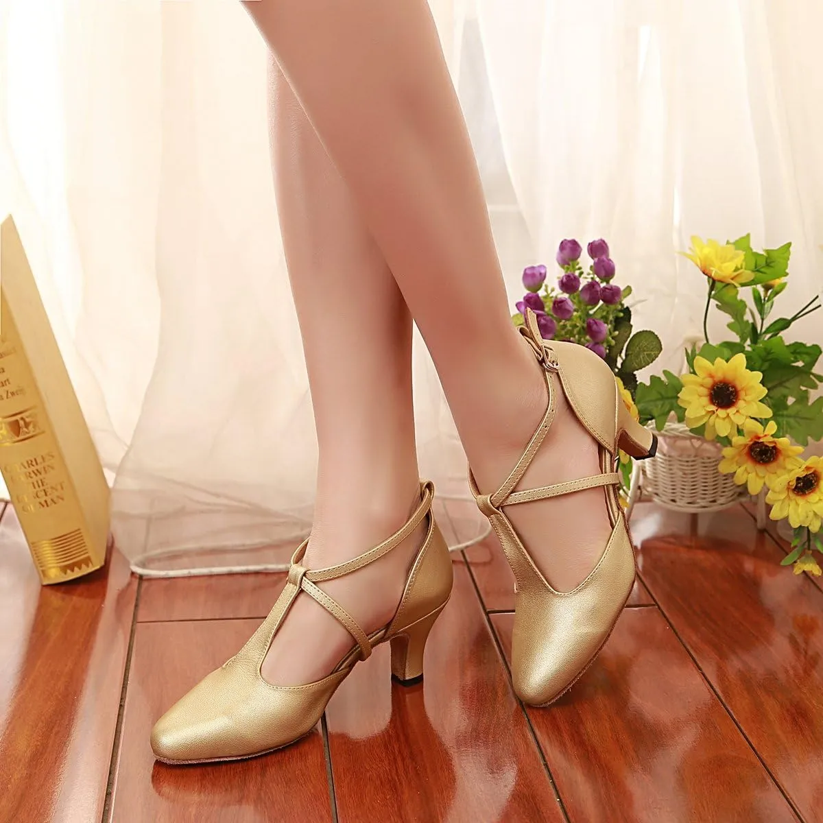 Minishion Women's T-Strap Ballroom Latin Salsa Dancing Shoes Bridal Wedding Pumps