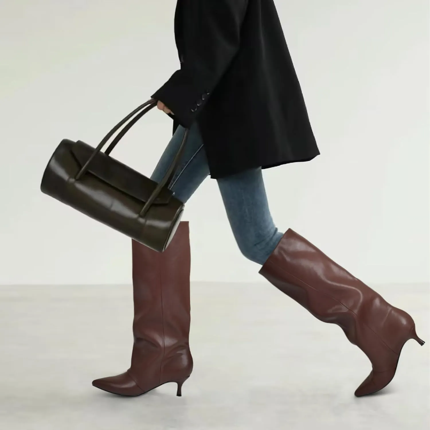 MIRAAZZURRA Knee High Boots Kitten Heel Tall Boots Low Heel Pointed Toe Pull on Slouchy Fashion Long Boots for Women