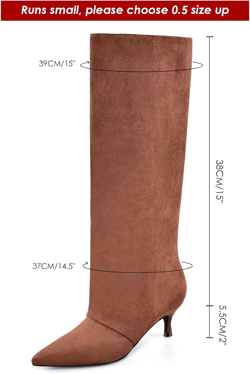 MIRAAZZURRA Knee High Boots Kitten Heel Tall Boots Low Heel Pointed Toe Pull on Slouchy Fashion Long Boots for Women